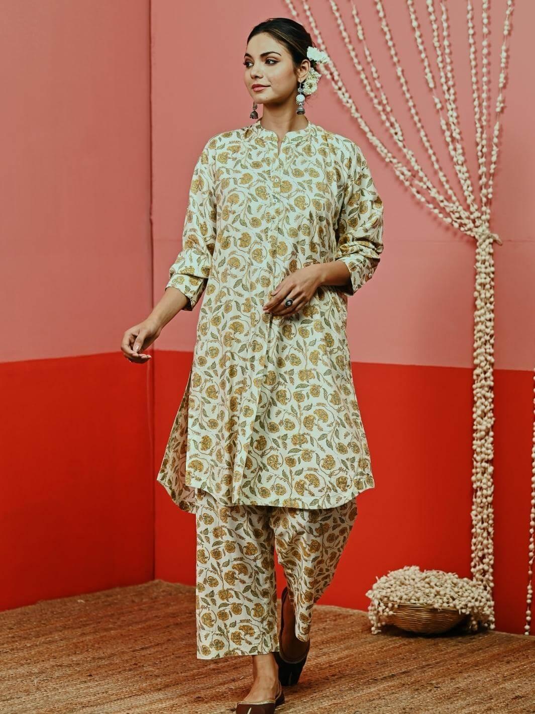 Off White Printed Short Muslin Kurta Set - Myaara