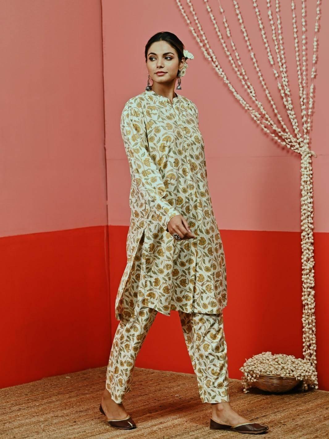 Off White Printed Short Muslin Kurta Set - Myaara