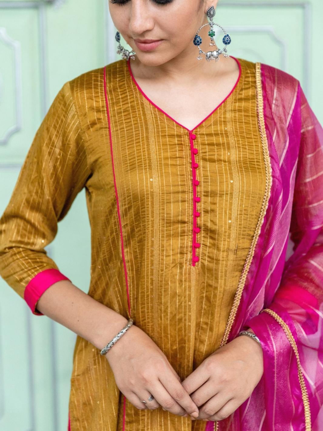 Olive A-line Chanderi Ethnic Kurta Set with Ombre Organza Dupatta - Myaara