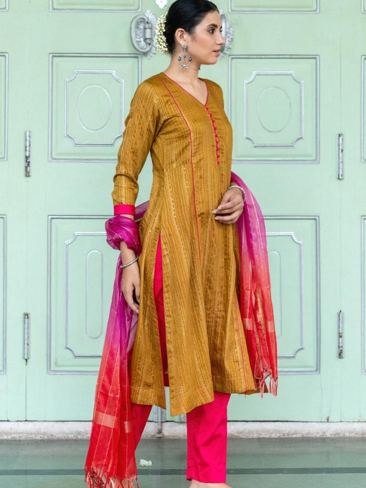 Olive A-line Chanderi Ethnic Kurta Set with Ombre Organza Dupatta - Myaara