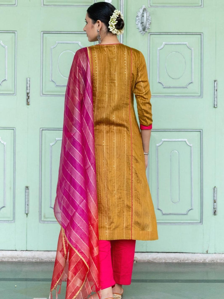 Olive A-line Chanderi Ethnic Kurta Set with Ombre Organza Dupatta - Myaara