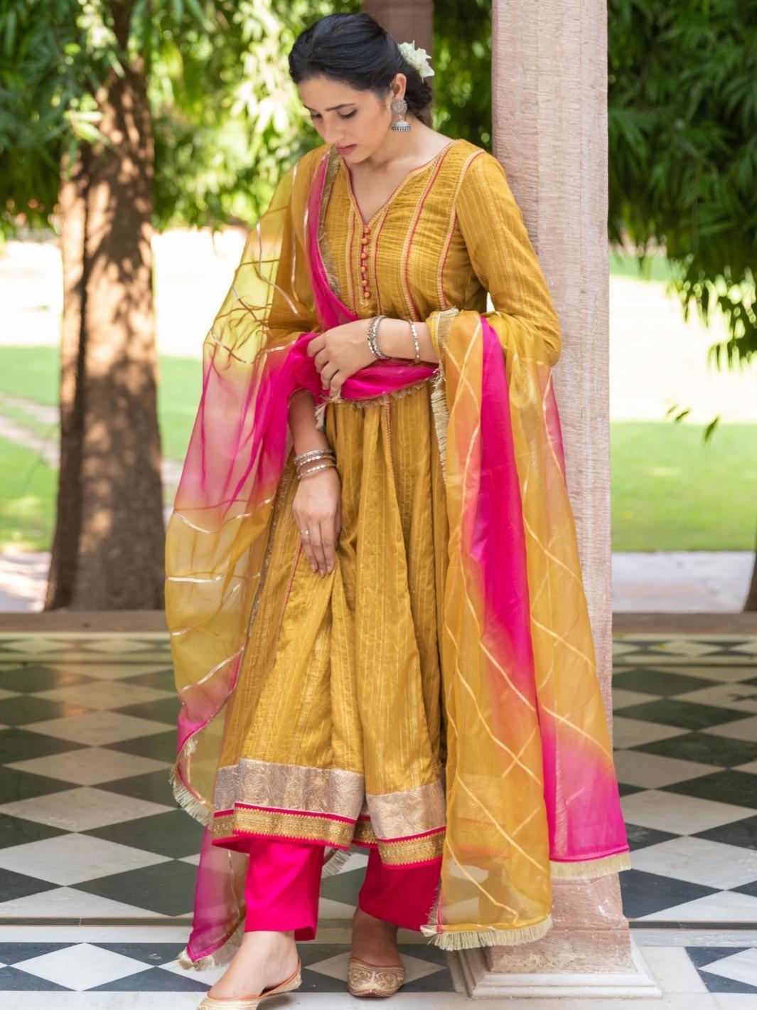 Olive Ethnic Anarkali Set with Organza Dupatta & Gota-work - Myaara