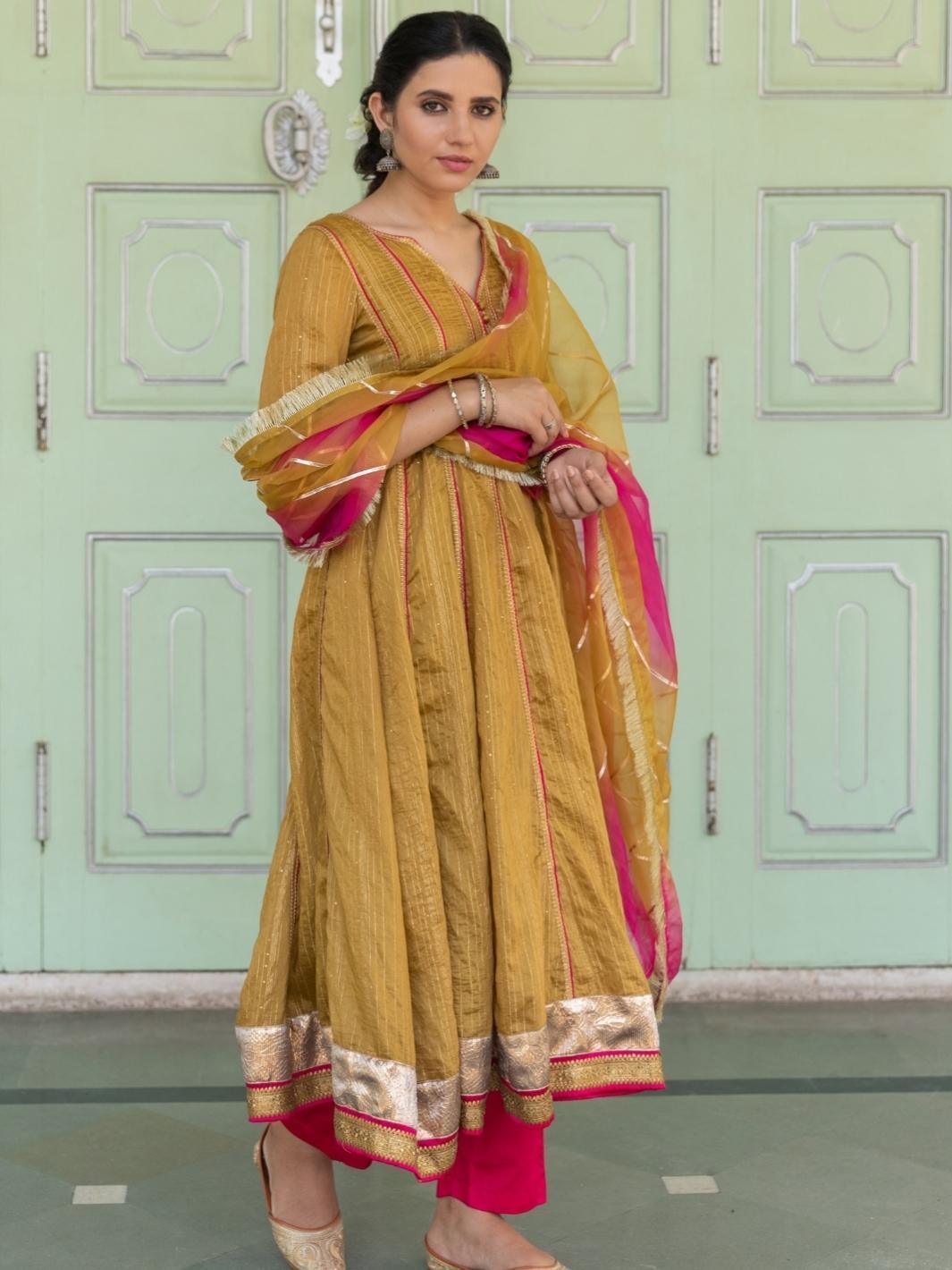 Olive Ethnic Anarkali Set with Organza Dupatta & Gota-work - Myaara