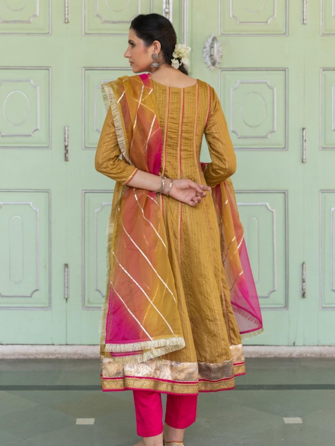 Olive Ethnic Anarkali Set with Organza Dupatta & Gota-work - Myaara