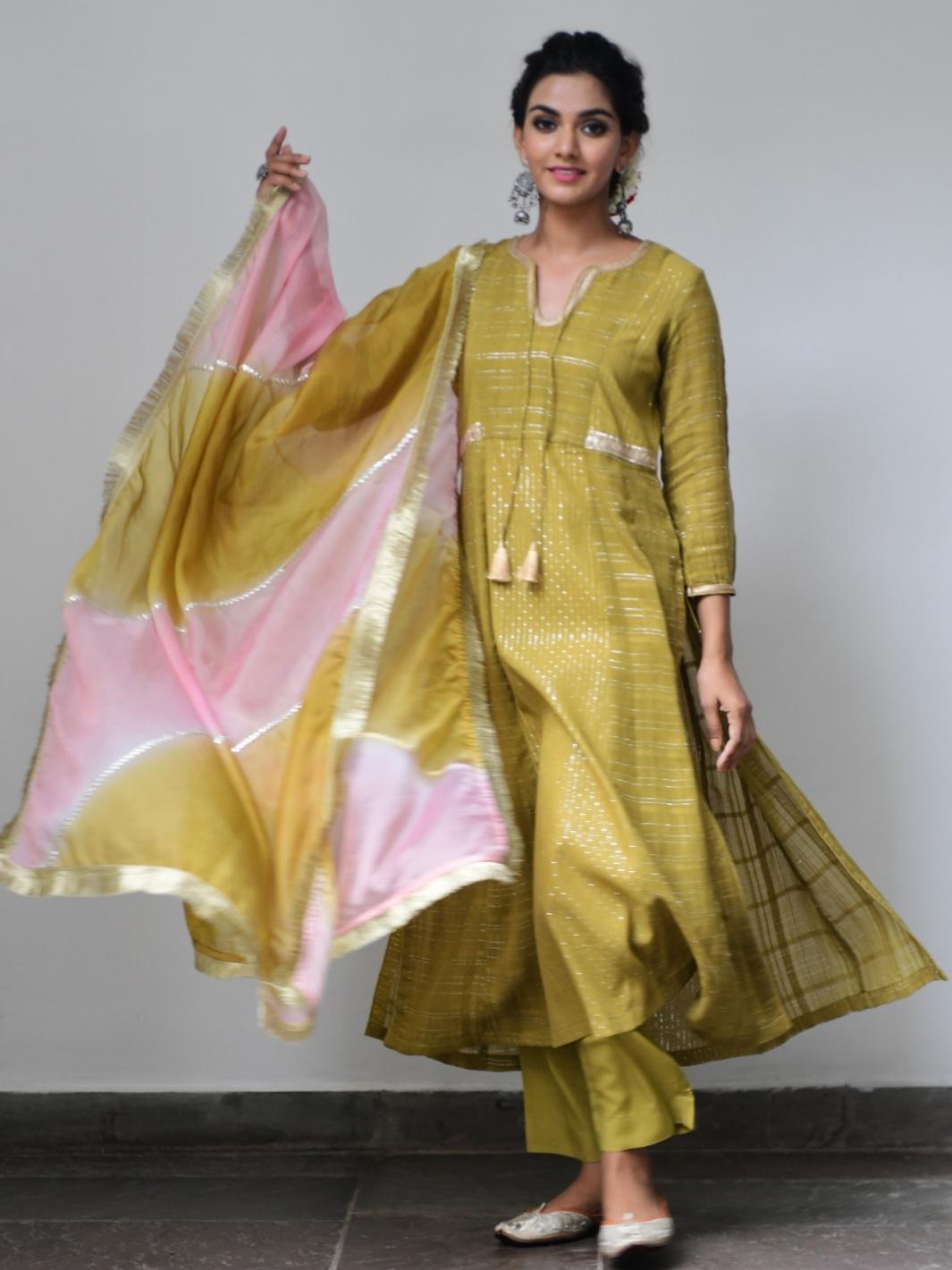 Olive Ethnic Kurta Set with Leheriya Dupatta & Gota-work - Myaara