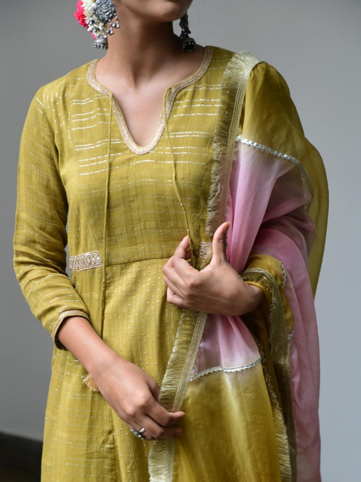 Olive Ethnic Kurta Set with Leheriya Dupatta & Gota-work - Myaara