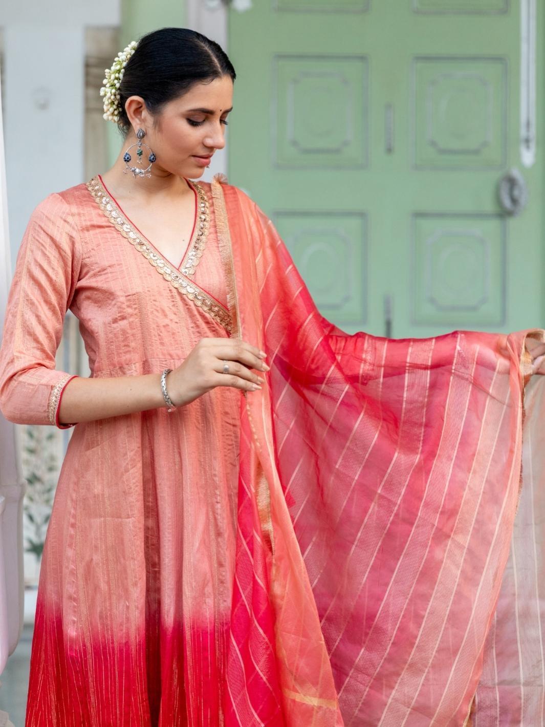 Peach Ombre Chanderi Ethnic Angrakha Set with Organza Dupatta - Myaara