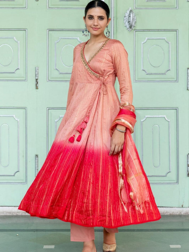 Peach Ombre Chanderi Ethnic Angrakha Set with Organza Dupatta - Myaara