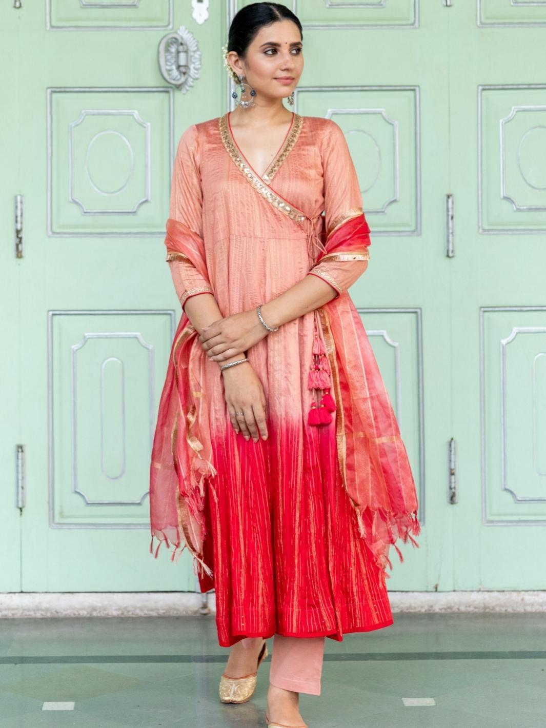 Peach Ombre Chanderi Ethnic Angrakha Set with Organza Dupatta - Myaara