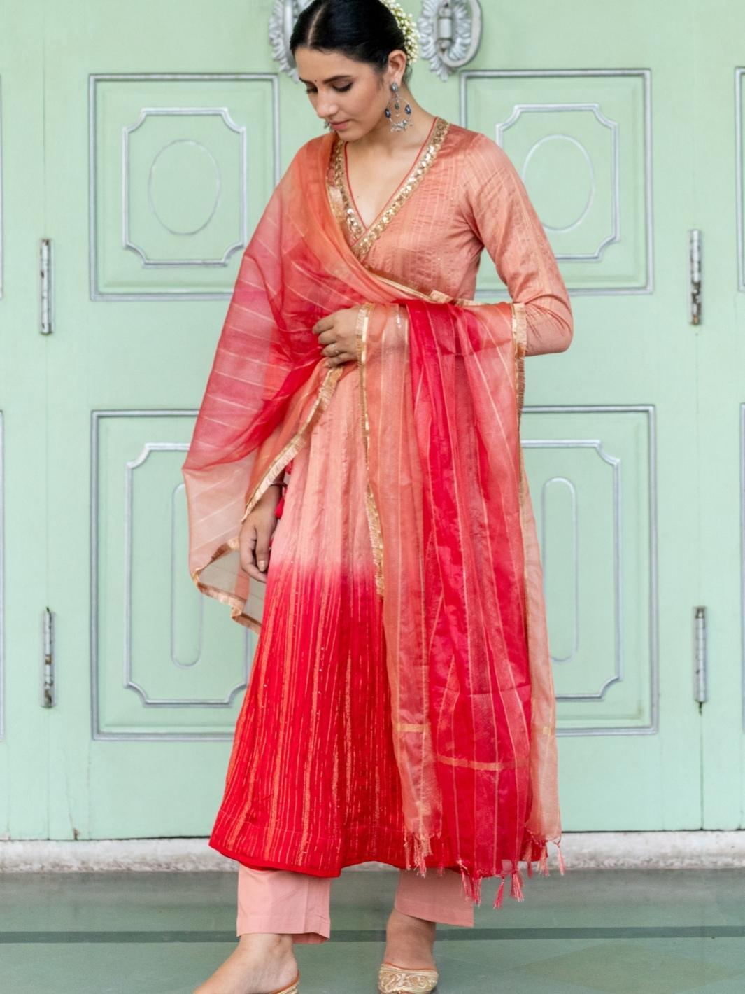 Peach Ombre Chanderi Ethnic Angrakha Set with Organza Dupatta - Myaara