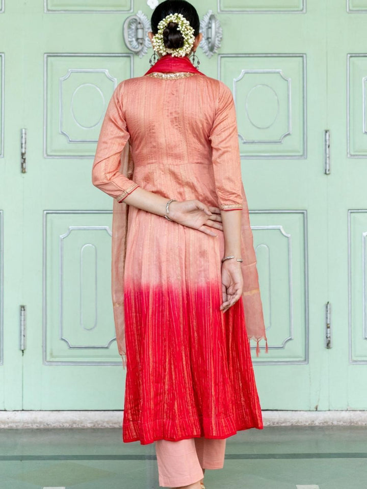 Peach Ombre Chanderi Ethnic Angrakha Set with Organza Dupatta - Myaara