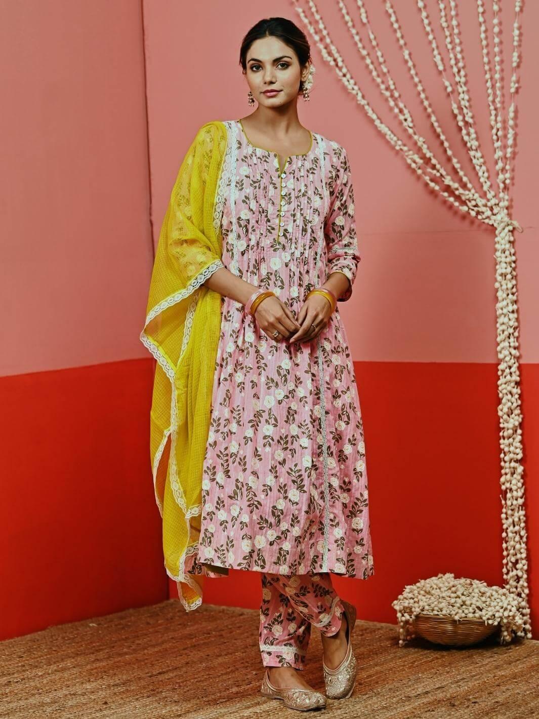 Peach Printed Cotton Kurta Set with Lace-details & Kota Dupatta - Myaara