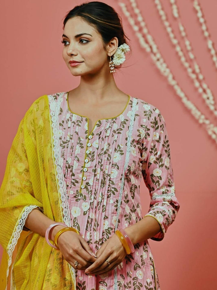 Peach Printed Cotton Kurta Set with Lace-details & Kota Dupatta - Myaara