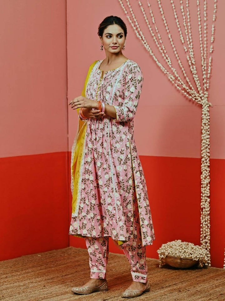 Peach Printed Cotton Kurta Set with Lace-details & Kota Dupatta - Myaara