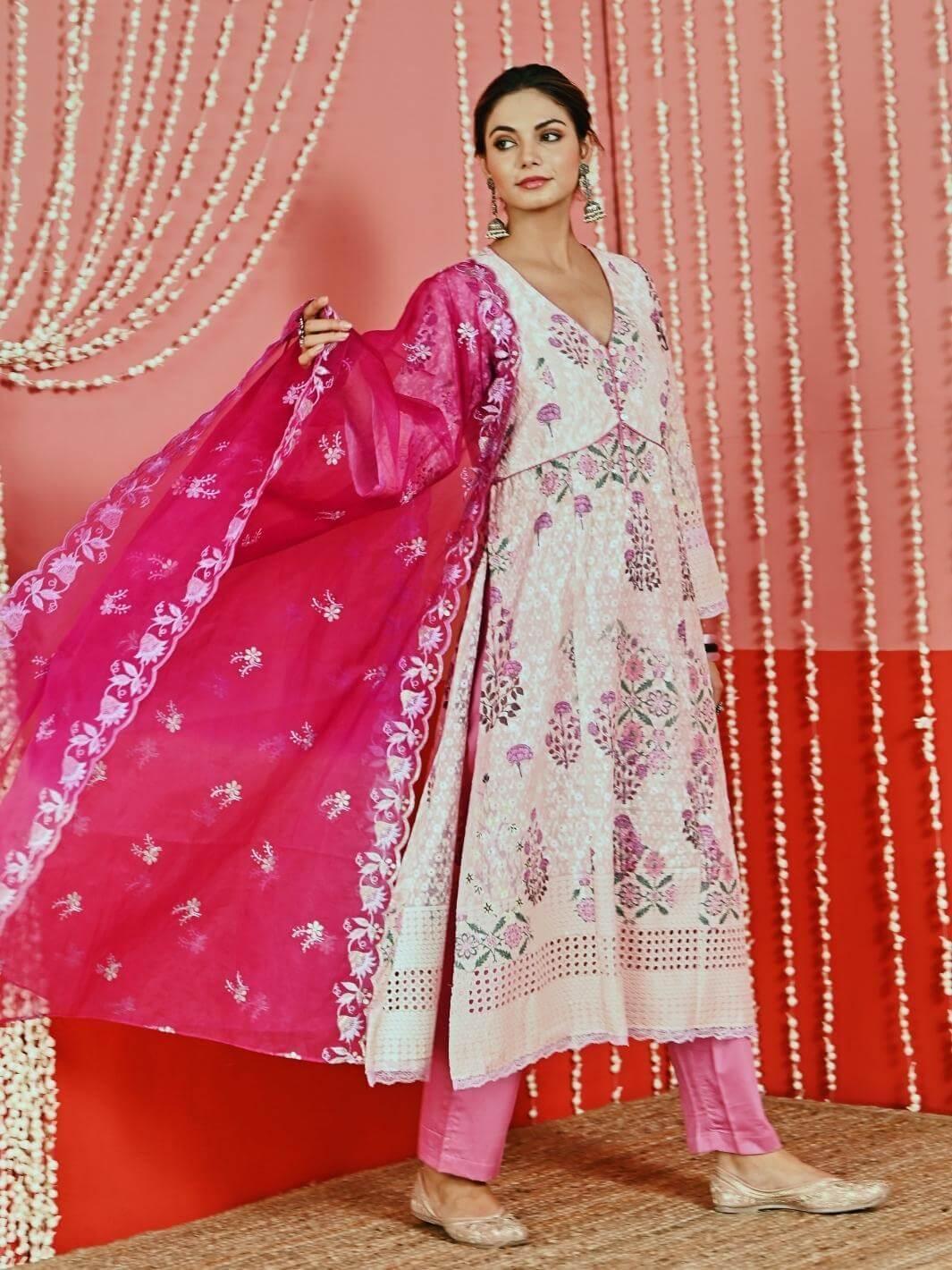 Peach Printed Self-Embroidered Cotton Kurta Set with Organza Dupatta - Myaara