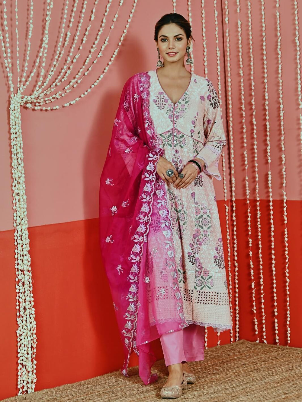 Peach Printed Self-Embroidered Cotton Kurta Set with Organza Dupatta - Myaara