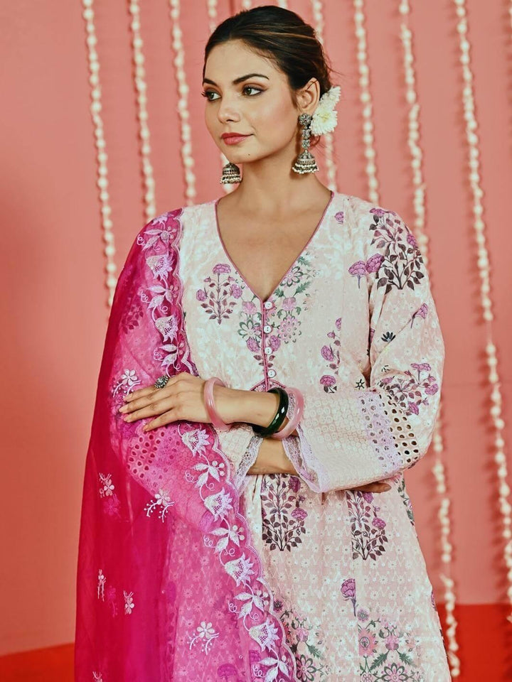 Peach Printed Self-Embroidered Cotton Kurta Set with Organza Dupatta - Myaara