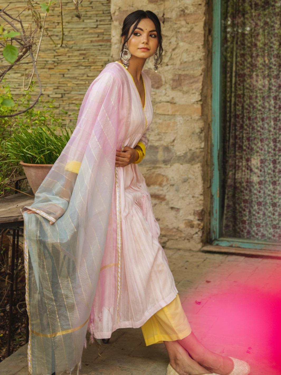 Pink Chanderi Flared Anarkali Set with Ombre Organza Dupatta - Myaara