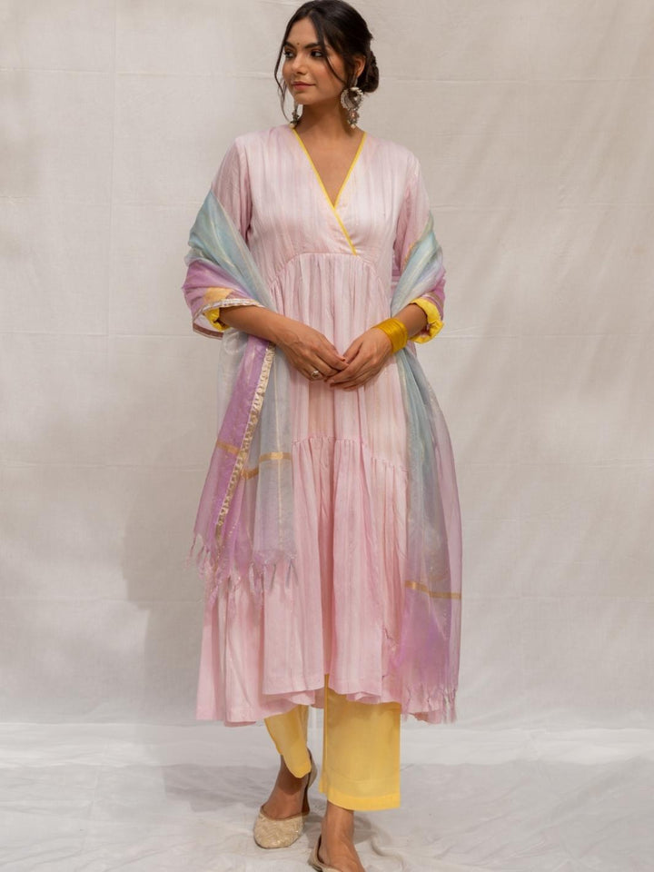 Pink Chanderi Flared Anarkali Set with Ombre Organza Dupatta - Myaara