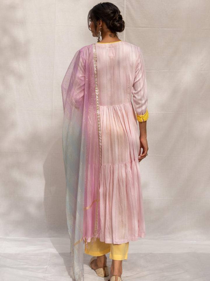 Pink Chanderi Flared Anarkali Set with Ombre Organza Dupatta - Myaara