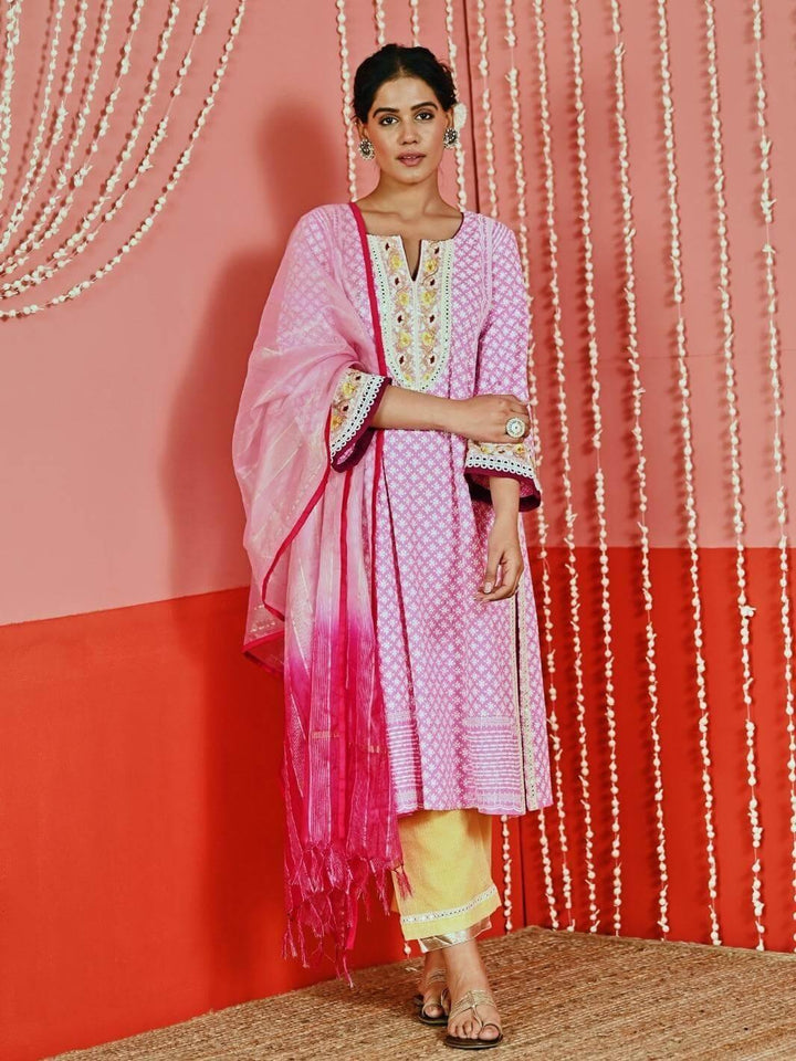 Pink Cotton Ethnic Kurta Set with Self-Embroidery & Organza Dupatta - Myaara