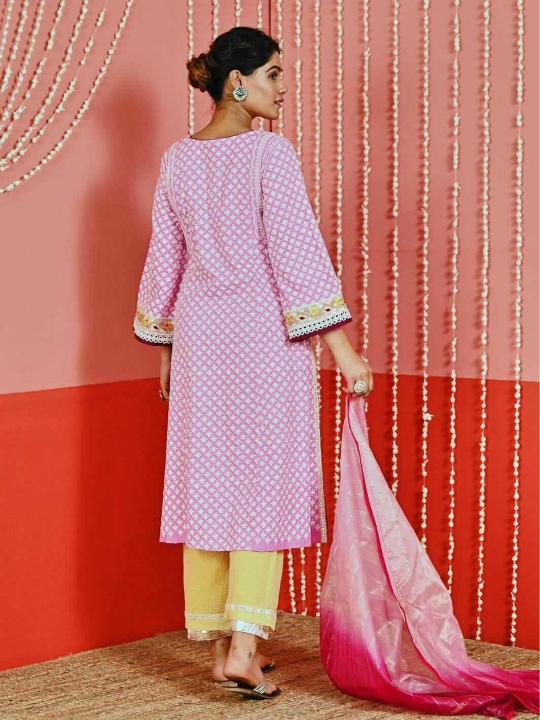 Pink Cotton Ethnic Kurta Set with Self-Embroidery & Organza Dupatta - Myaara