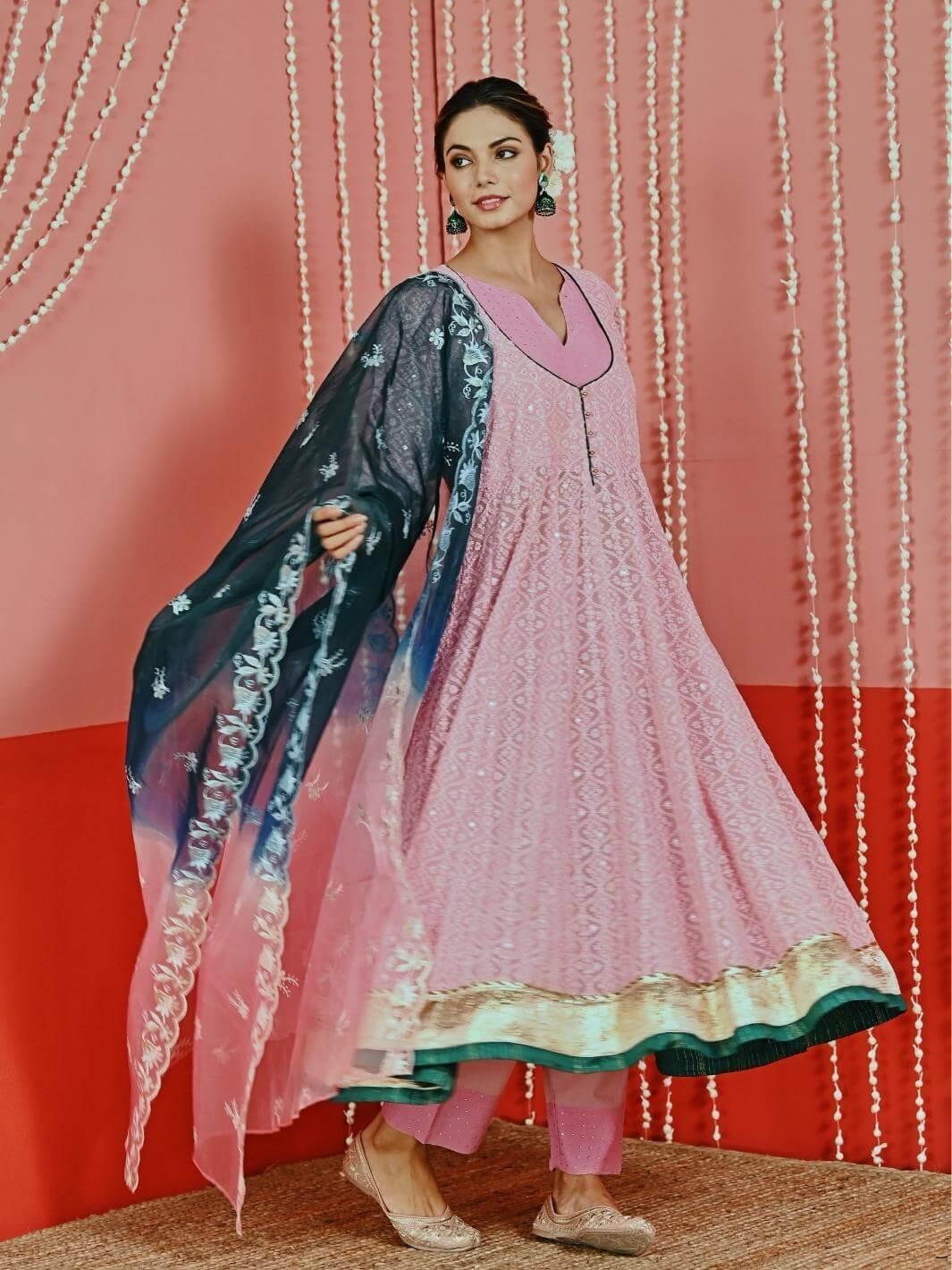 Pink Embroidered Georgette Anarkali Set with Ombre Organza Dupatta - Myaara