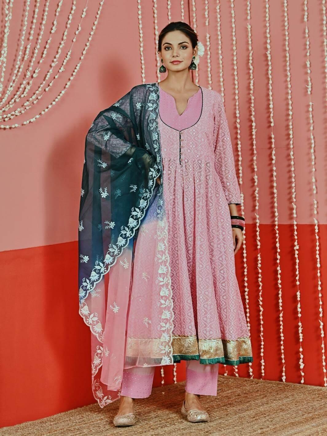 Pink Embroidered Georgette Anarkali Set with Ombre Organza Dupatta - Myaara