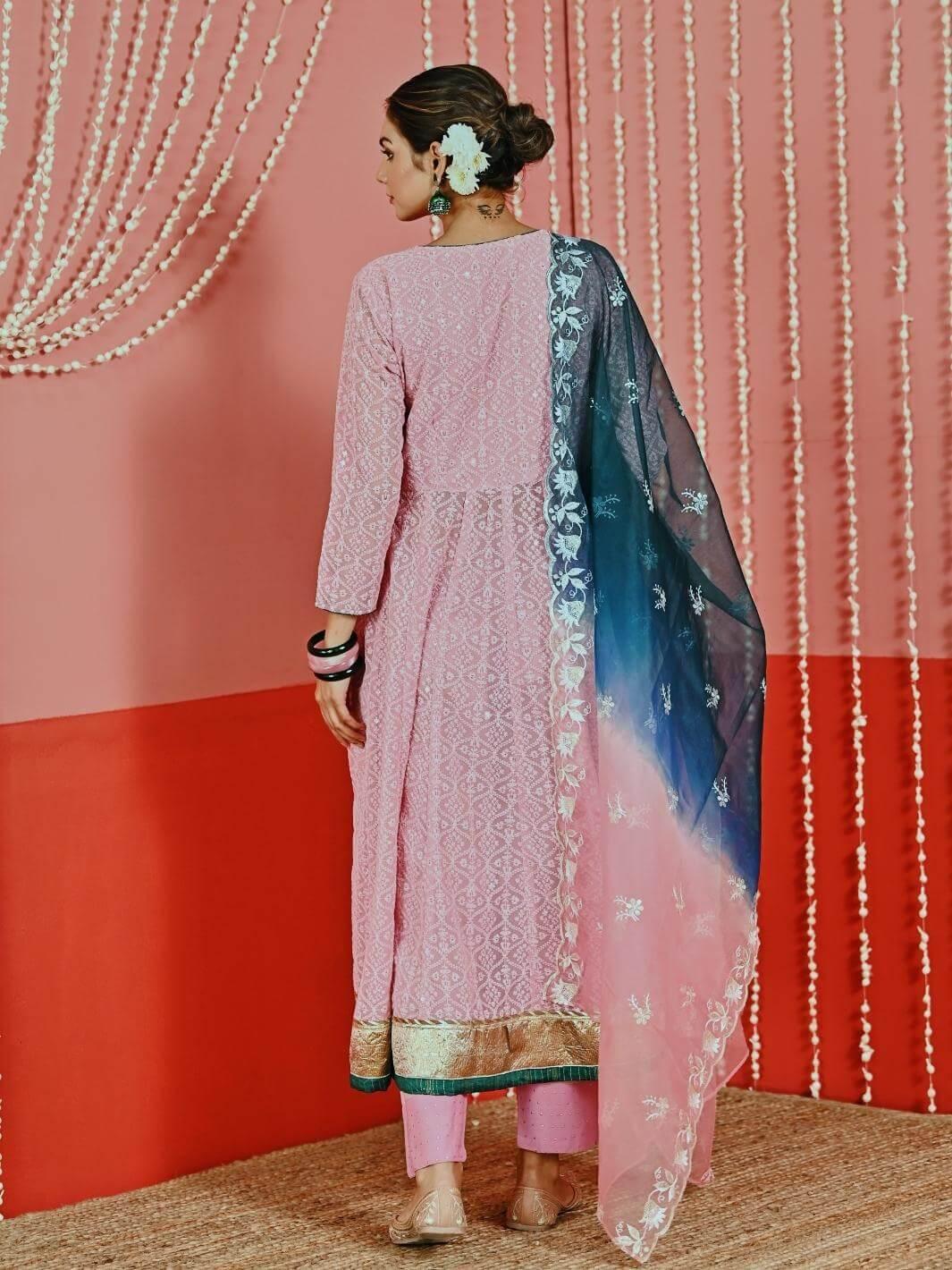 Pink Embroidered Georgette Anarkali Set with Ombre Organza Dupatta - Myaara