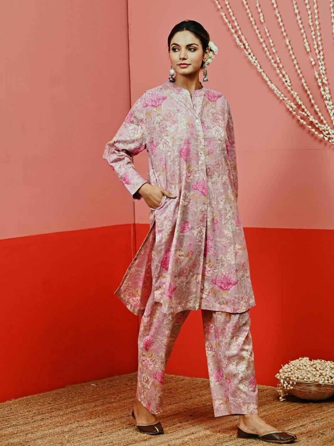 Pink Printed Cotton Short Kurta Set - Myaara