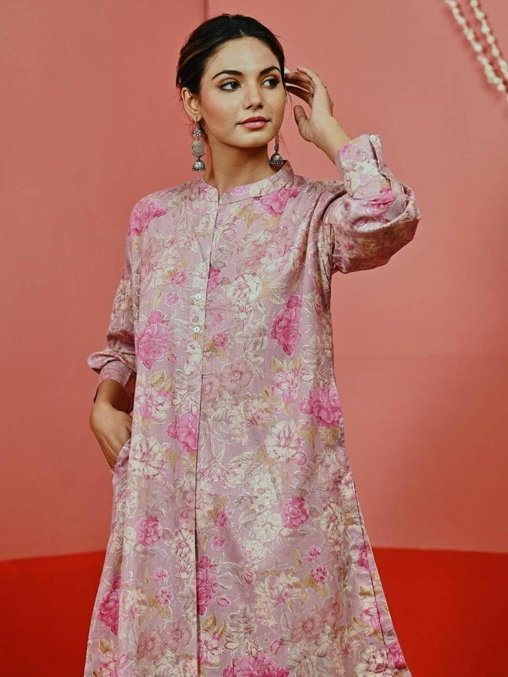 Pink Printed Cotton Short Kurta Set - Myaara