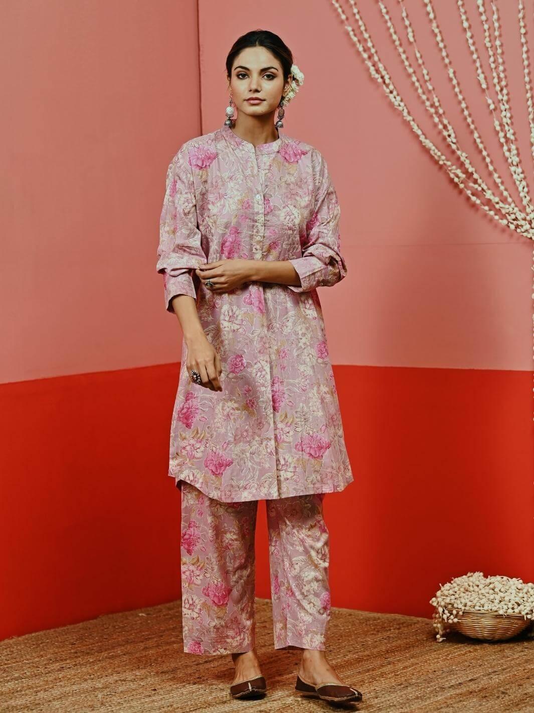 Pink Printed Cotton Short Kurta Set - Myaara