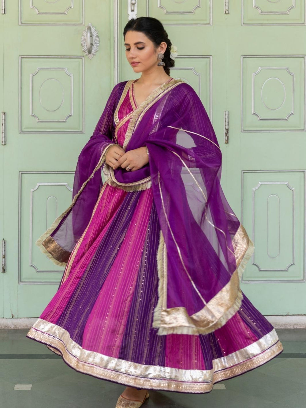 Purple Chanderi Ethnic Anarkali Set with Organza Dupatta & Gota-work - Myaara