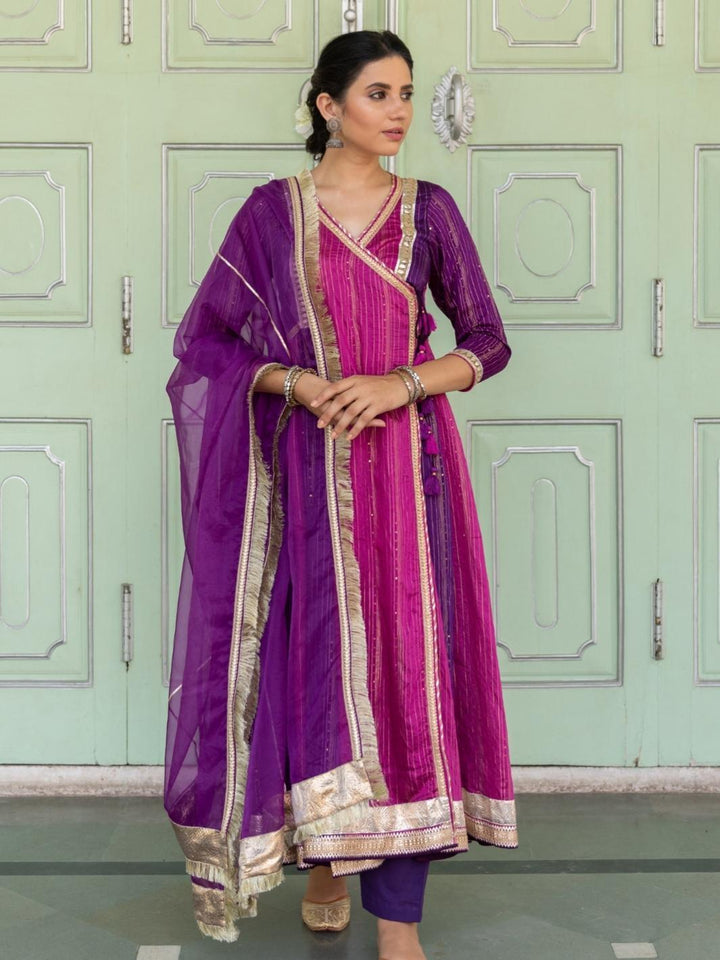 Purple Chanderi Ethnic Anarkali Set with Organza Dupatta & Gota-work - Myaara