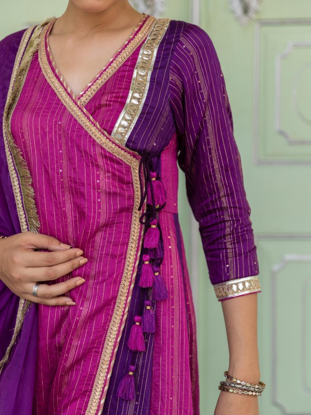 Purple Chanderi Ethnic Anarkali Set with Organza Dupatta & Gota-work - Myaara