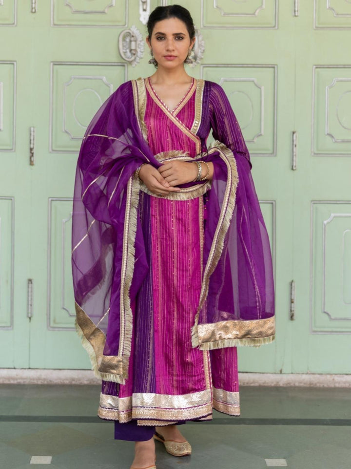 Purple Chanderi Ethnic Anarkali Set with Organza Dupatta & Gota-work - Myaara