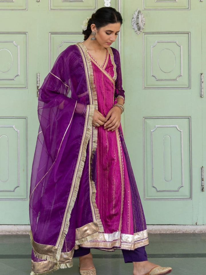 Purple Chanderi Ethnic Anarkali Set with Organza Dupatta & Gota-work - Myaara