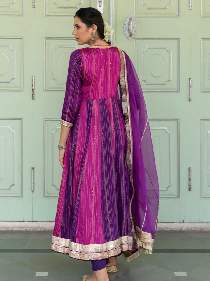 Purple Chanderi Ethnic Anarkali Set with Organza Dupatta & Gota-work - Myaara