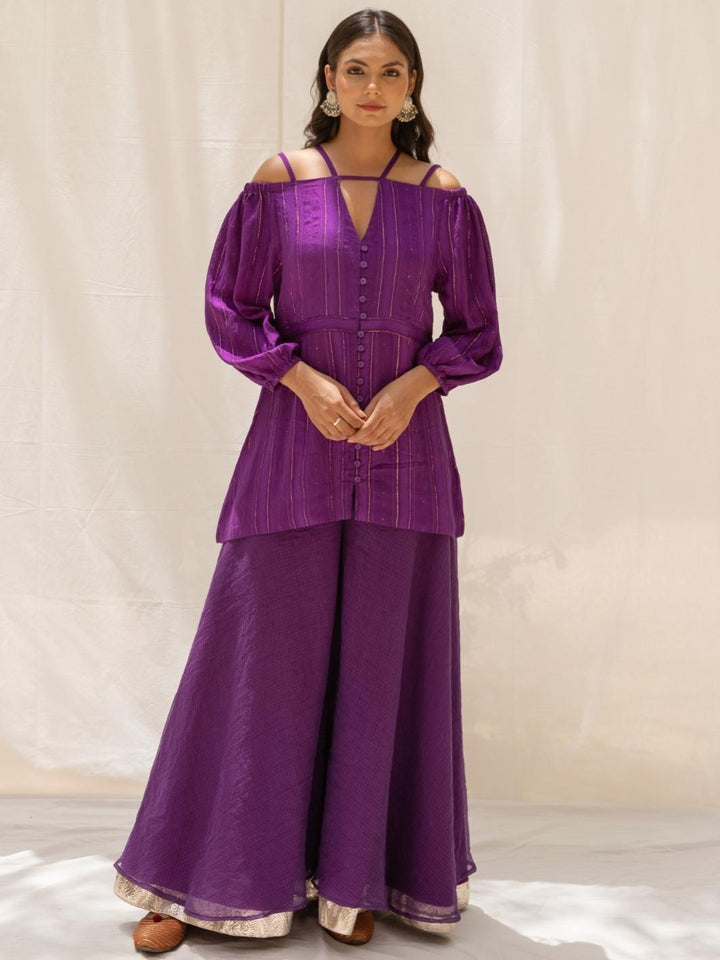 Purple Cold Shoulder Fusion Set with Flared Pants - Myaara