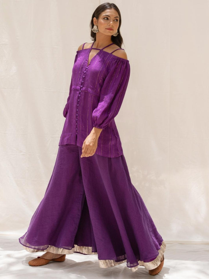 Purple Cold Shoulder Fusion Set with Flared Pants - Myaara