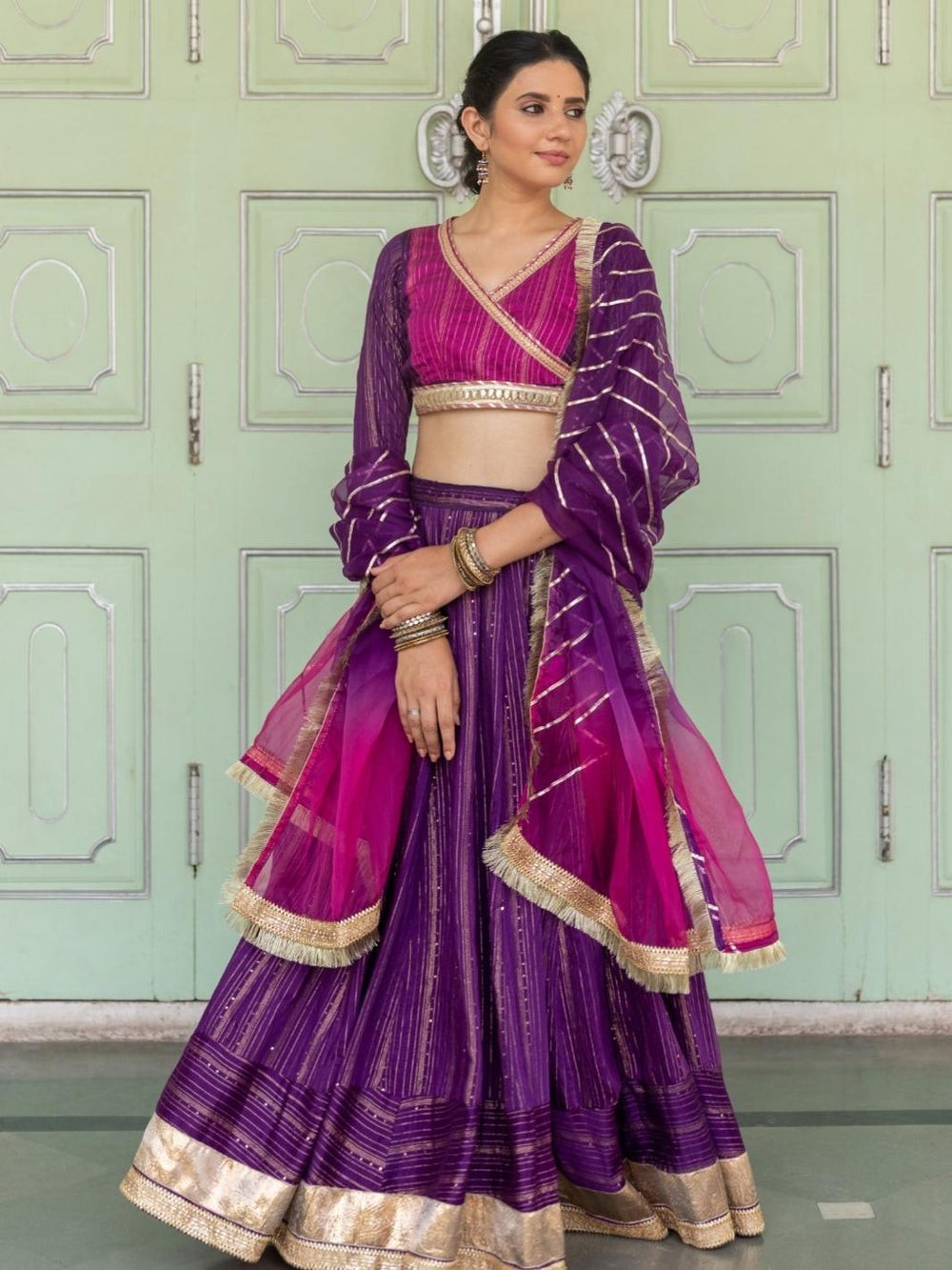 Purple Ethnic Lehenga Set with Ombre Organza Dupatta & Gota-work - Myaara