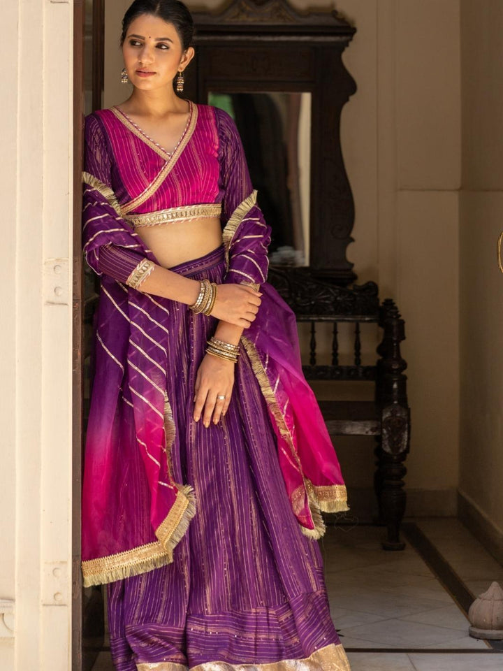 Purple Ethnic Lehenga Set with Ombre Organza Dupatta & Gota-work - Myaara