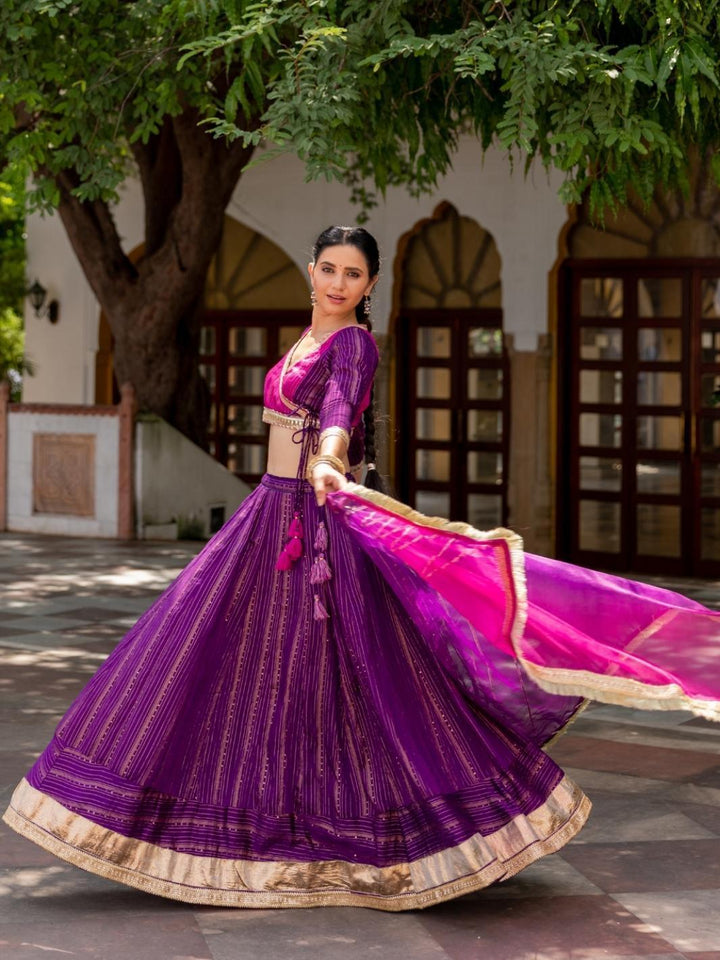 Purple Ethnic Lehenga Set with Ombre Organza Dupatta & Gota-work - Myaara