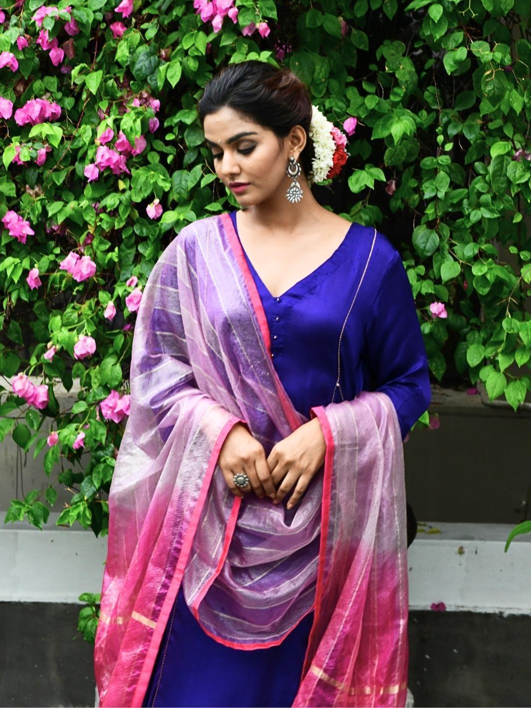 Purple Satin A-line Kurta Set with Fuchsia Ombre Organza Dupatta - Myaara