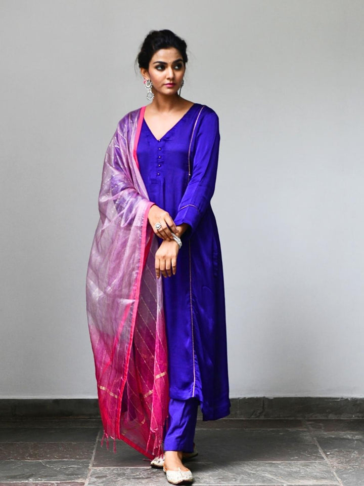 Purple Satin A-line Kurta Set with Fuchsia Ombre Organza Dupatta - Myaara