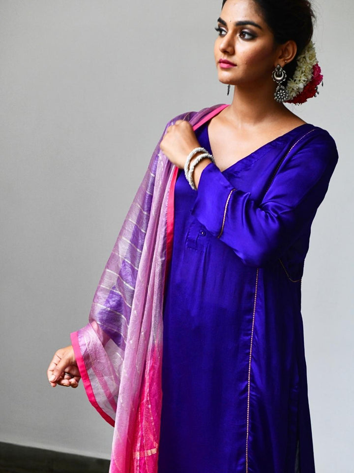 Purple Satin A-line Kurta Set with Fuchsia Ombre Organza Dupatta - Myaara