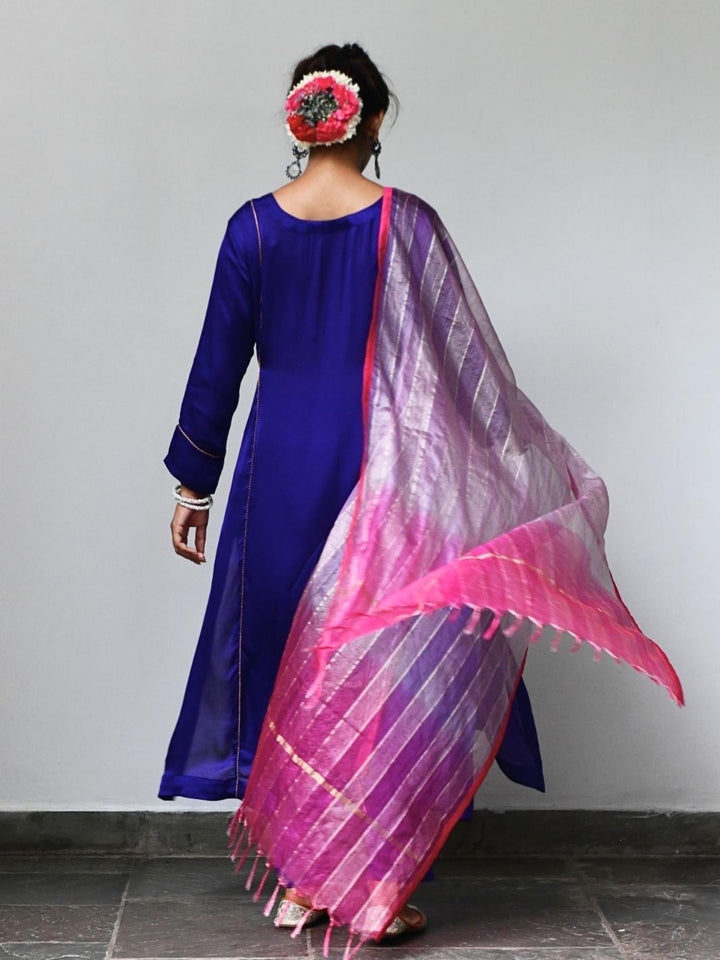 Purple Satin A-line Kurta Set with Fuchsia Ombre Organza Dupatta - Myaara