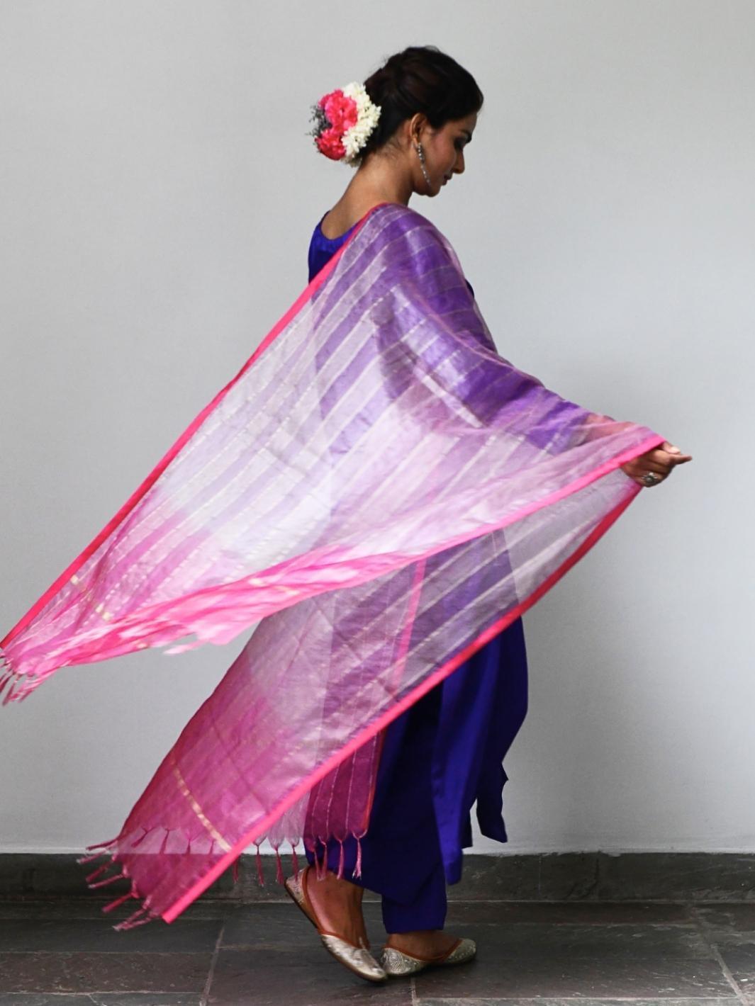 Purple Satin A-line Kurta Set with Fuchsia Ombre Organza Dupatta - Myaara