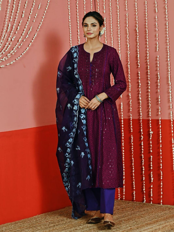 Purple Sequin Embroidered A-Line Kurta Set with Organza Dupatta - Myaara