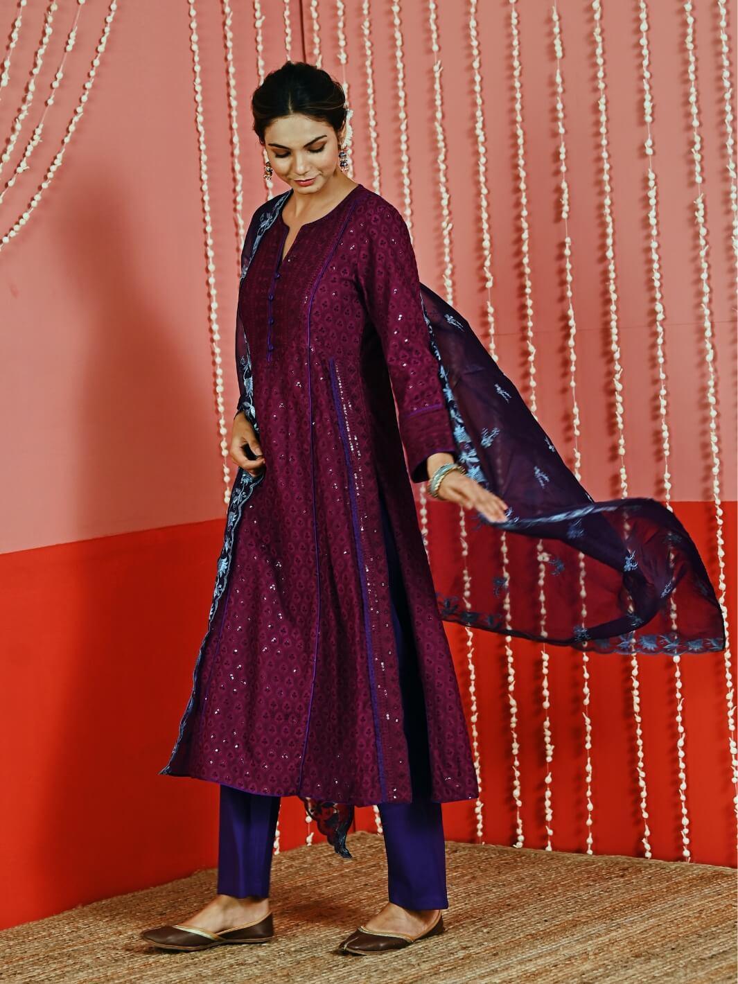 Purple Sequin Embroidered A-Line Kurta Set with Organza Dupatta - Myaara